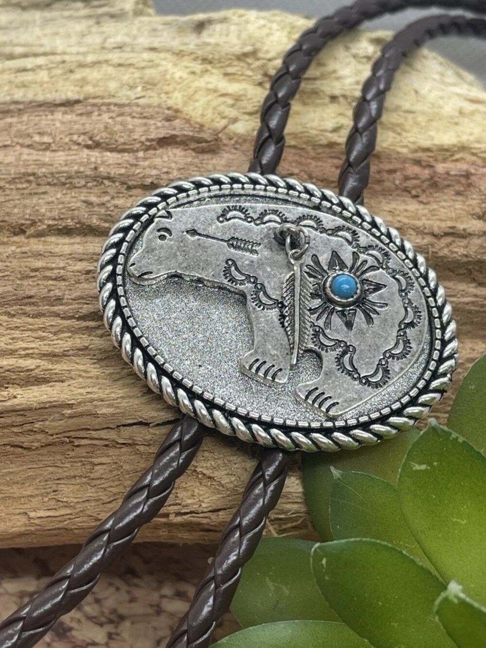 TURQUOISE Bear Silver Bolo Lariat GIFT WESTERN Ranch Wear Rodeo Mens Womens New